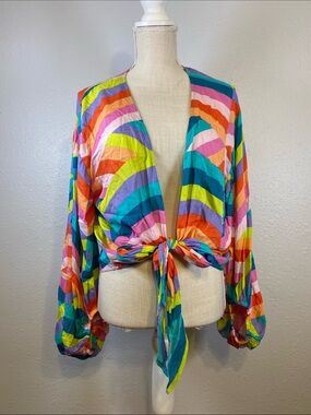 Elan Vibrant Resort Gypsy Festival Boho Lightweight Front Tie Crop Blouse Small